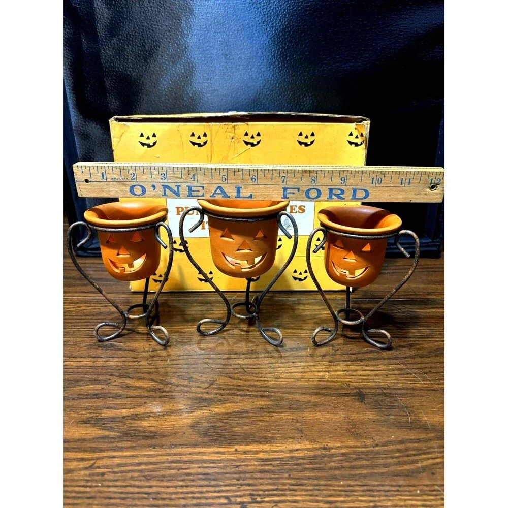 Vintage Terra-Cotta Jack-O'-Lantern Votive Candle Holders Set Of 3, Metal Stands